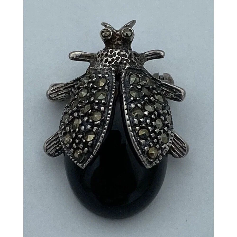 Vintage Sterling Silver Black Onyx Beetle Marcasite Brooch Pin Marked NF